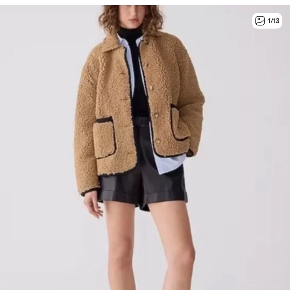 J. Crew Faux Sherpa Barn Jacket Women's Camel Tan & Black Trim BW067